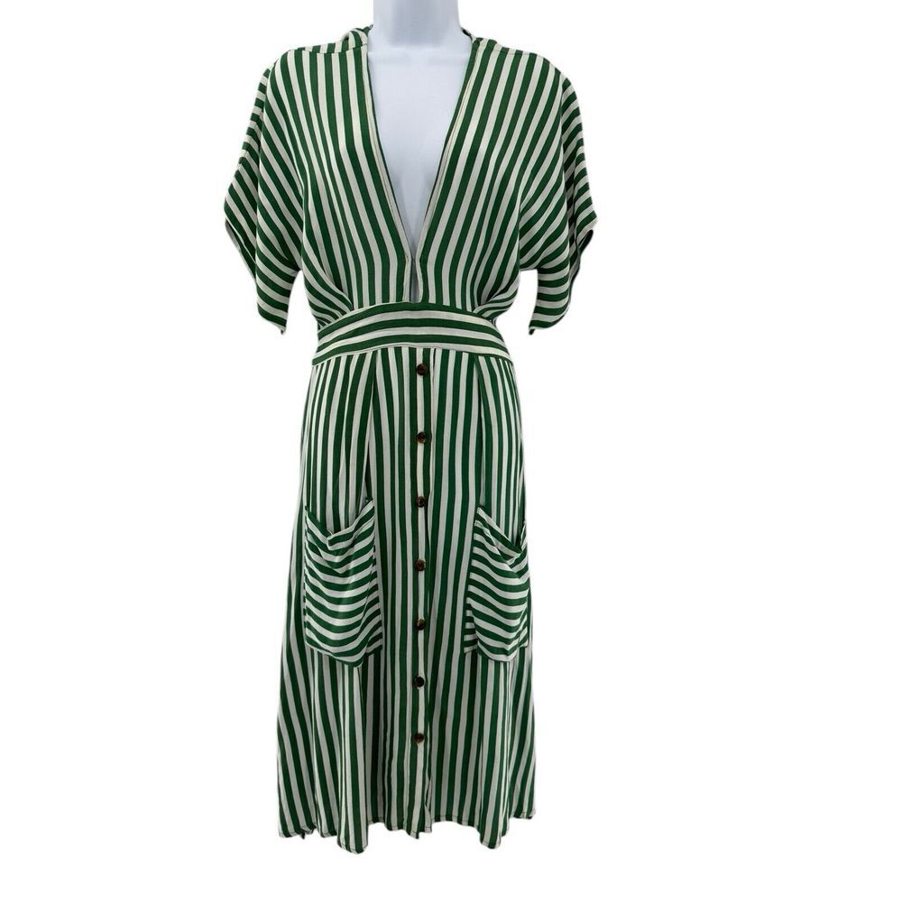 Faithful the Brand Milan MIDI Dress green & white stripe size US 6 Medium